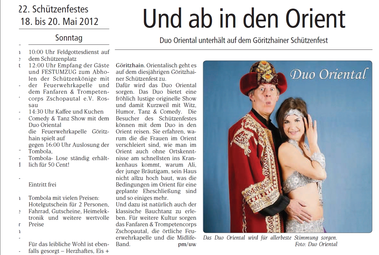Presseartikel WOCHENSPIEGEL, Duo Oriental unterhlt auf dem Gritzhainer Schtzenfest